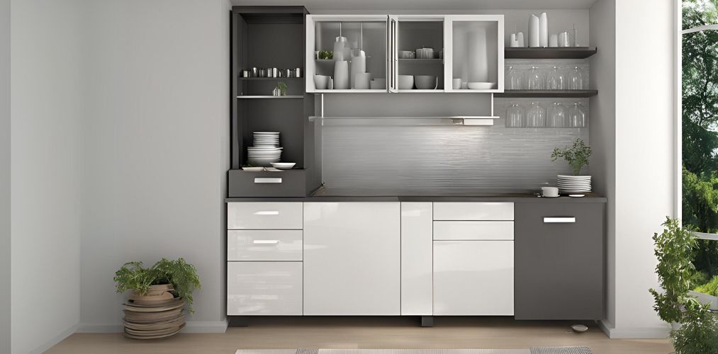 Light grey and dark grey crockery unit with glass storage - Beautiful Homes