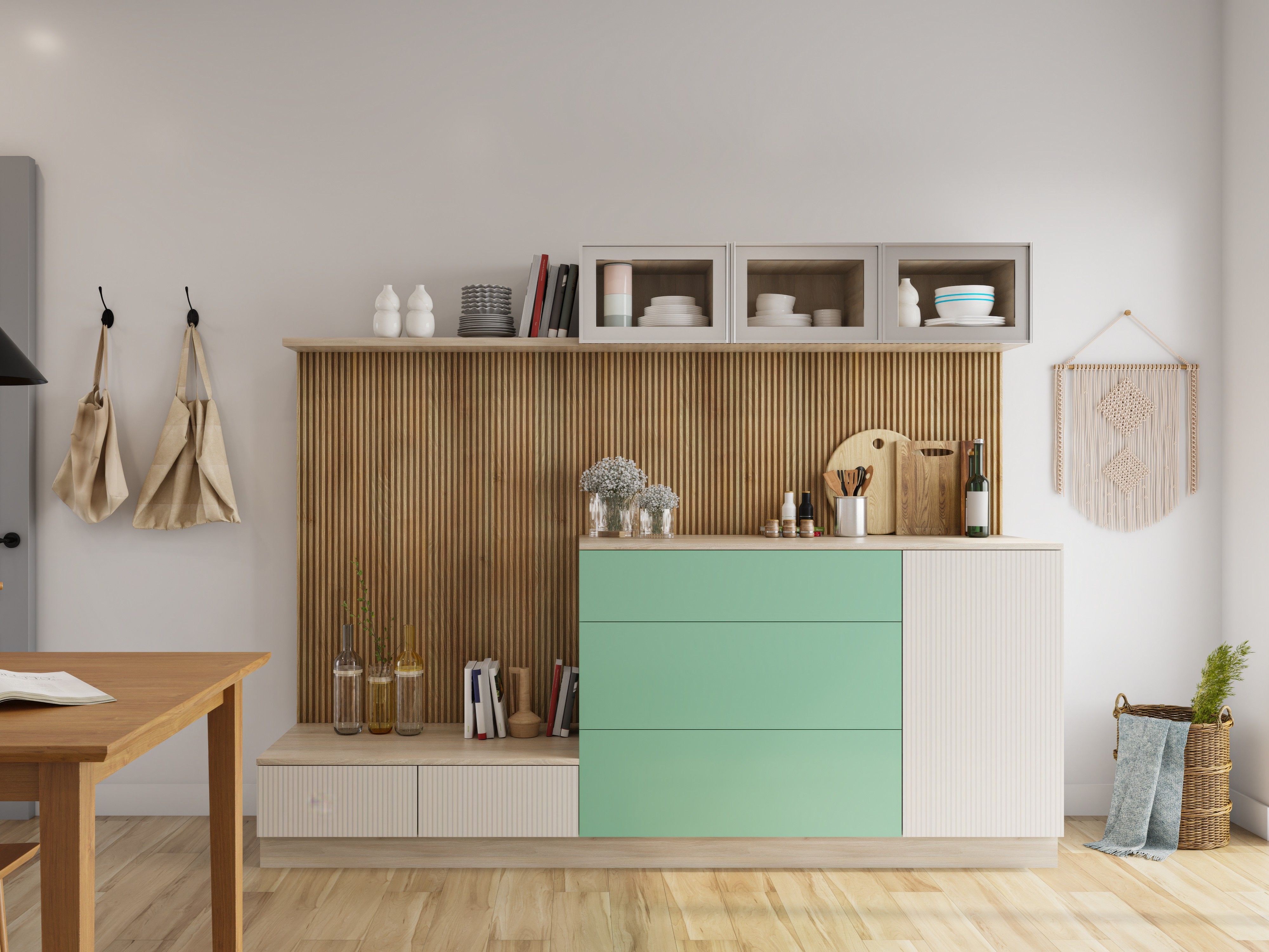 Contemporary crockery unit featuring wooden shelves, glass cabinets, and elegant décor - Beautiful Homes