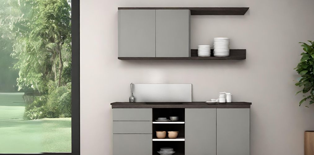Minimalist grey crockery unit with open and closed storage - Beautiful Homes