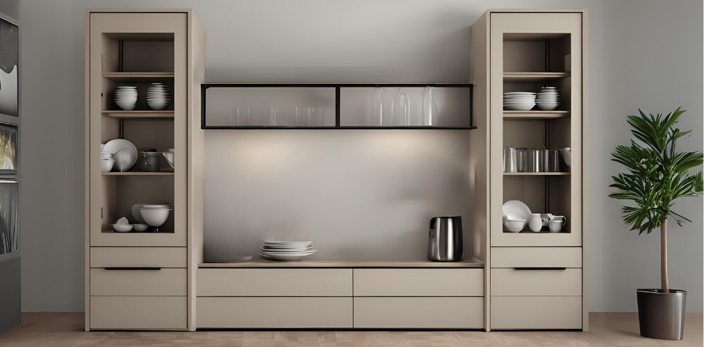 Minimalistic beige crockery unit with glass cabinets - Beautiful Homes