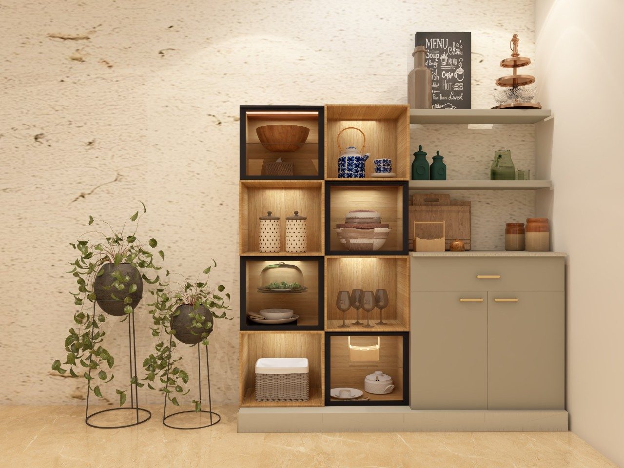 Modern Asian Paints corner crockery unit with open wooden shelves - Beautiful Homes