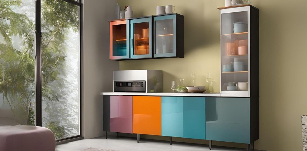 Modern colourful crockery unit with glass cabinets - Beautiful Homes