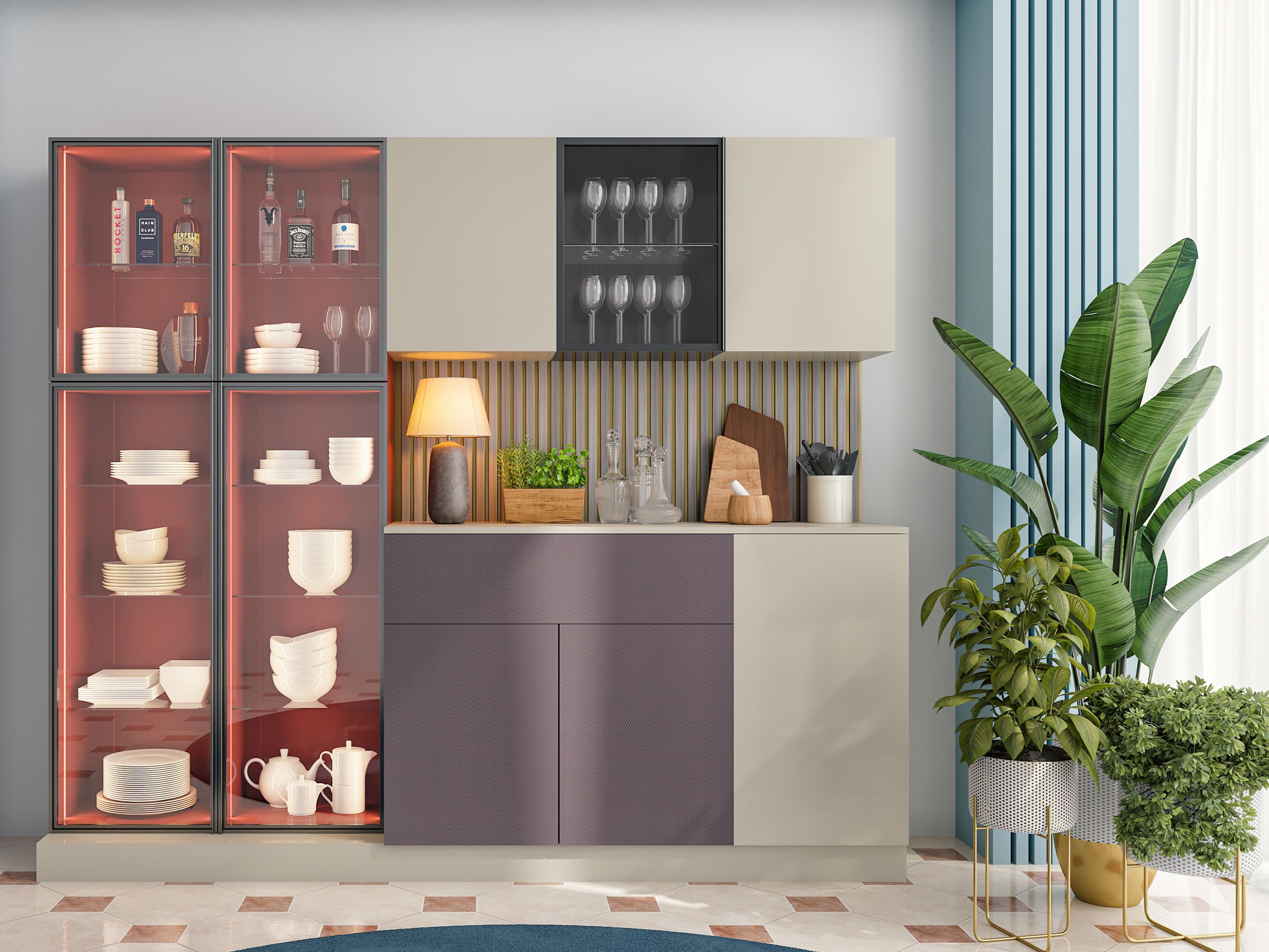 Contemporary crockery unit featuring illuminated glass cabinets and elegant décor - Beautiful Homes