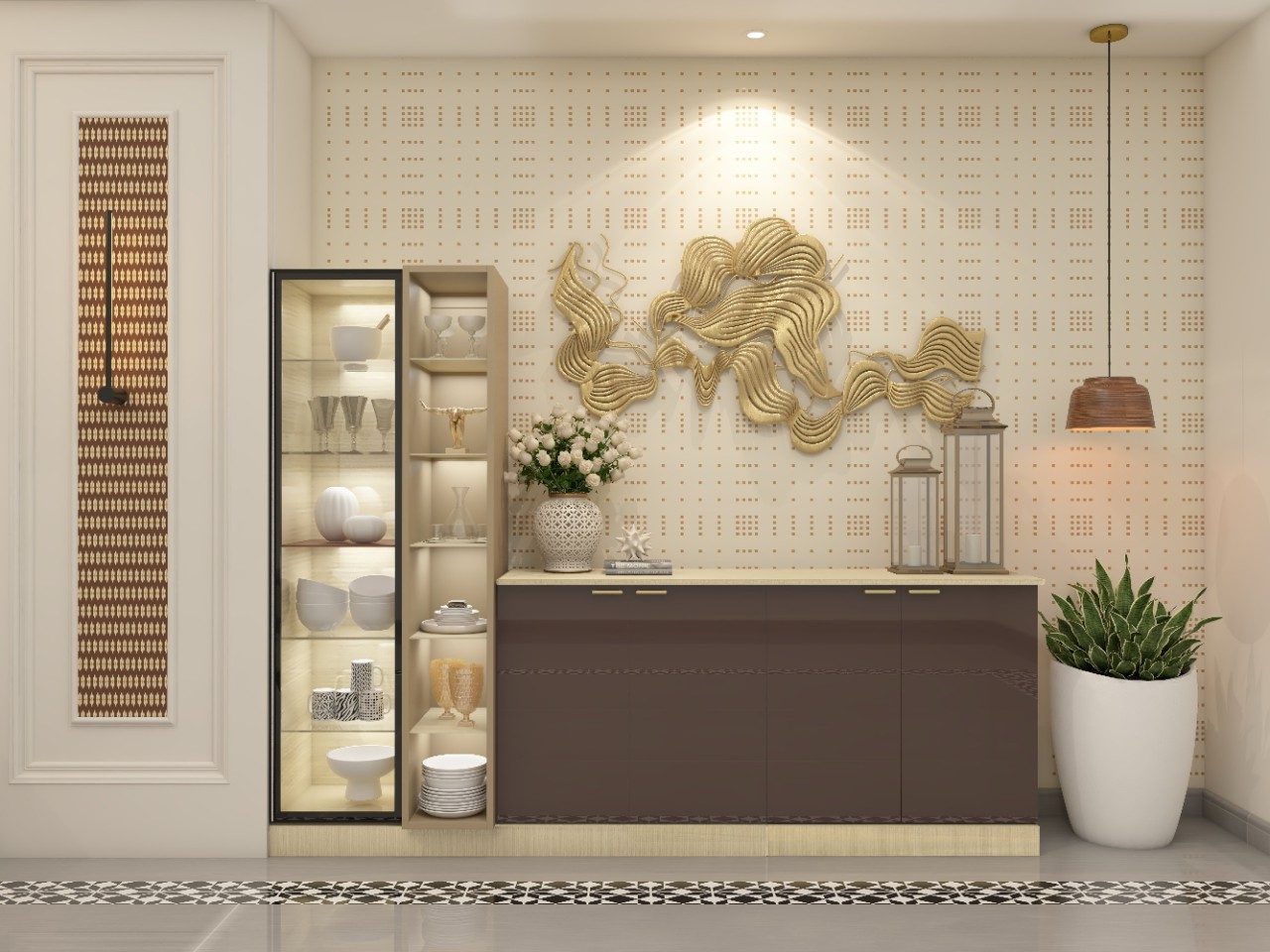 Modern cream and brown crockery unit with golden wall décor - Beautiful Homes