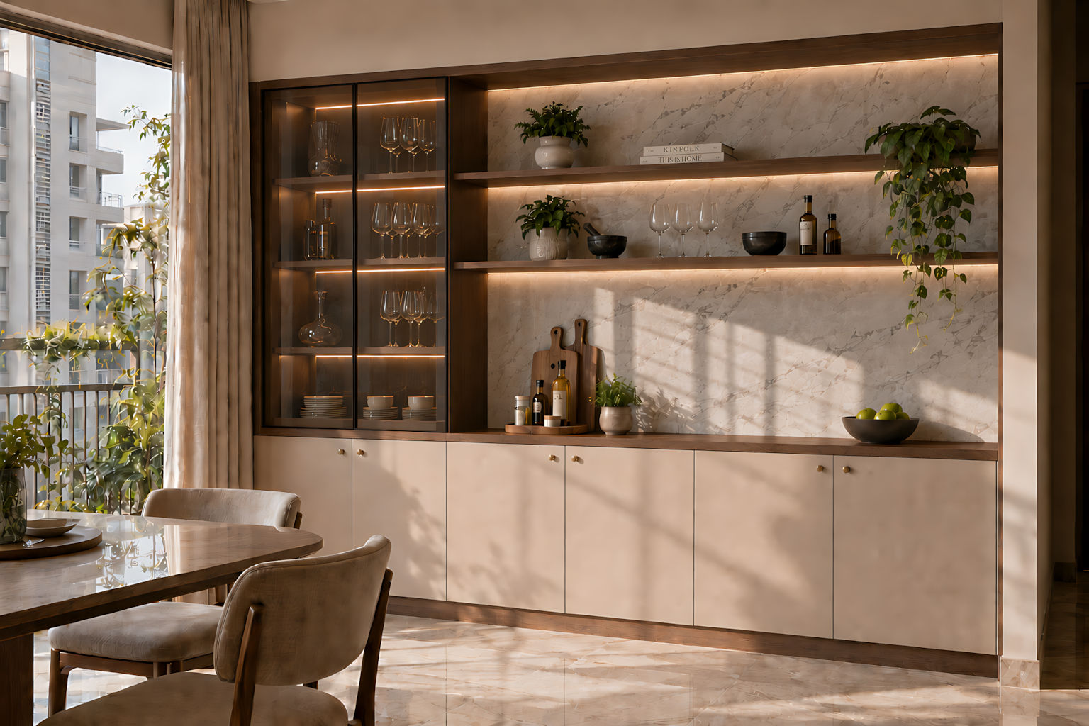 Built-in crockery unit with cream lower cabinets, a dark wood counter, glass-front display storage, and open wooden shelves - Beautiful Homes