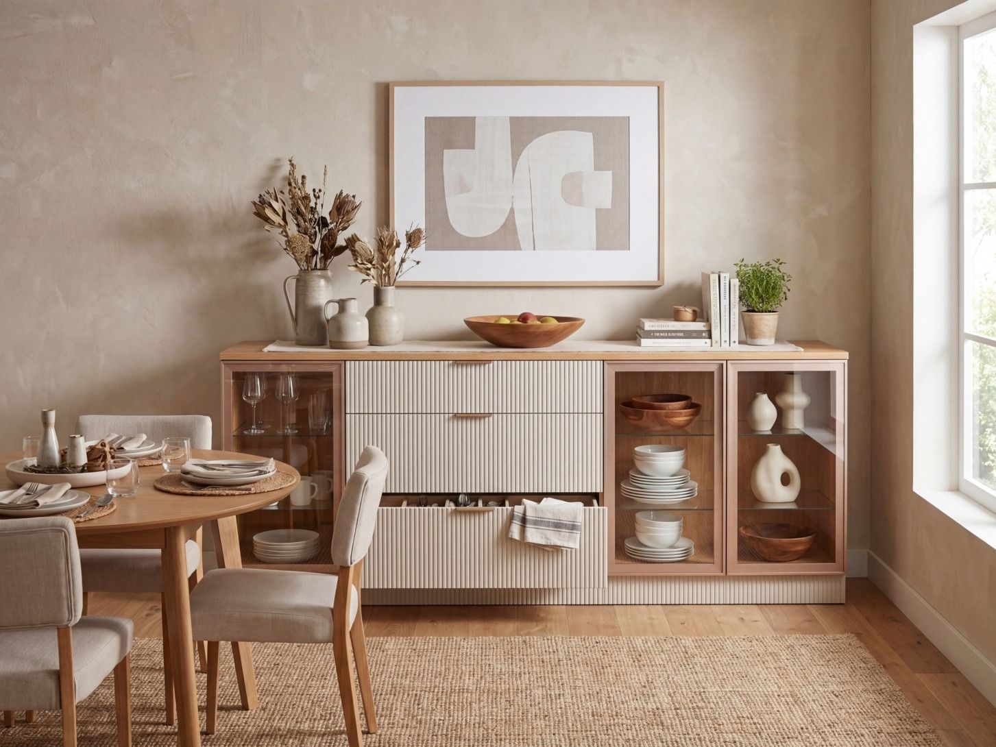 Light oak crockery unit with glass-front cabinets, fluted cream drawers, and open storage for tableware, positioned against a textured beige wall in a refined dining room - Beautiful Homes