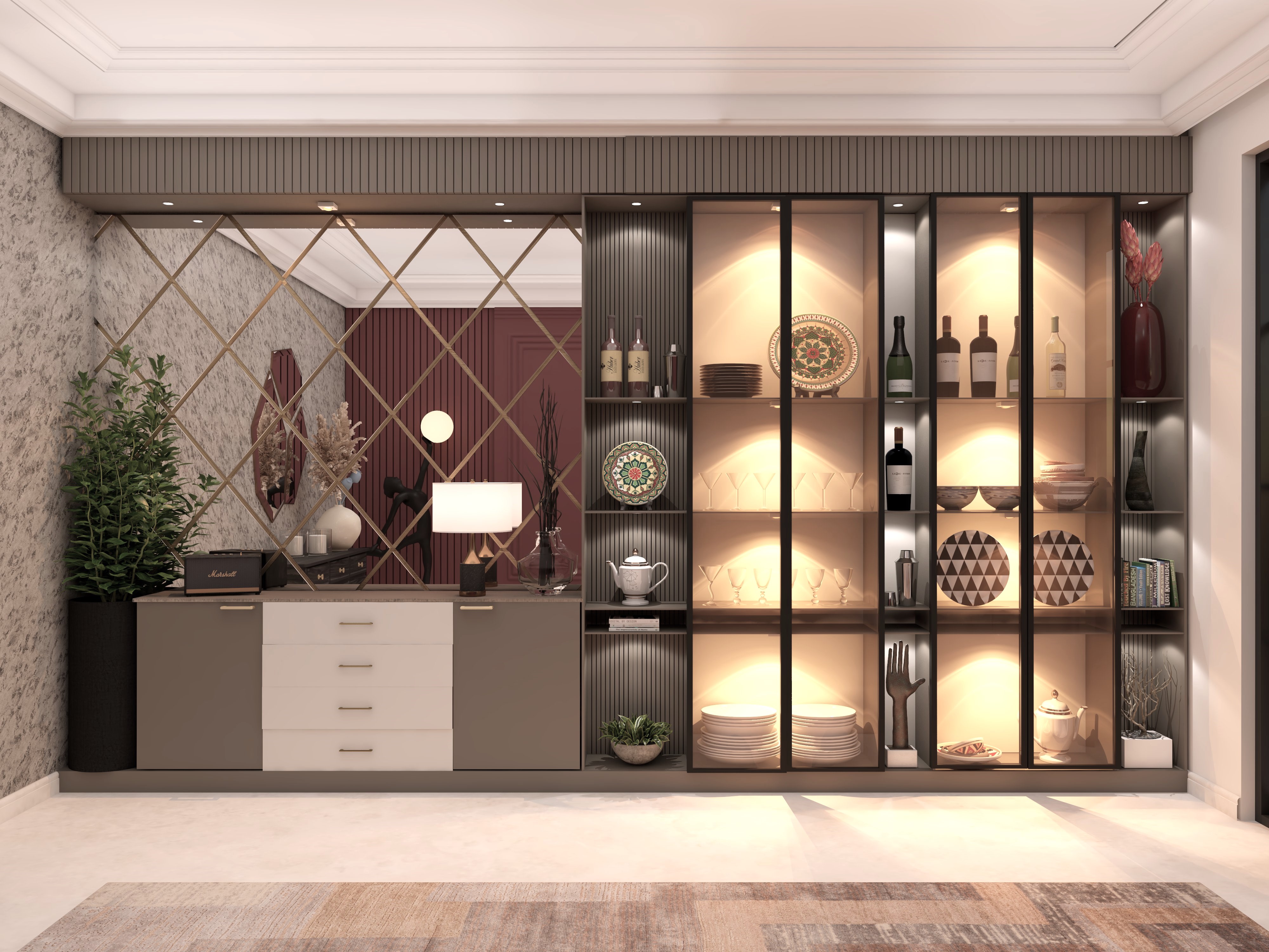 Modern crockery unit with glass wardrobe and bevelled mirror - Beautiful Homes