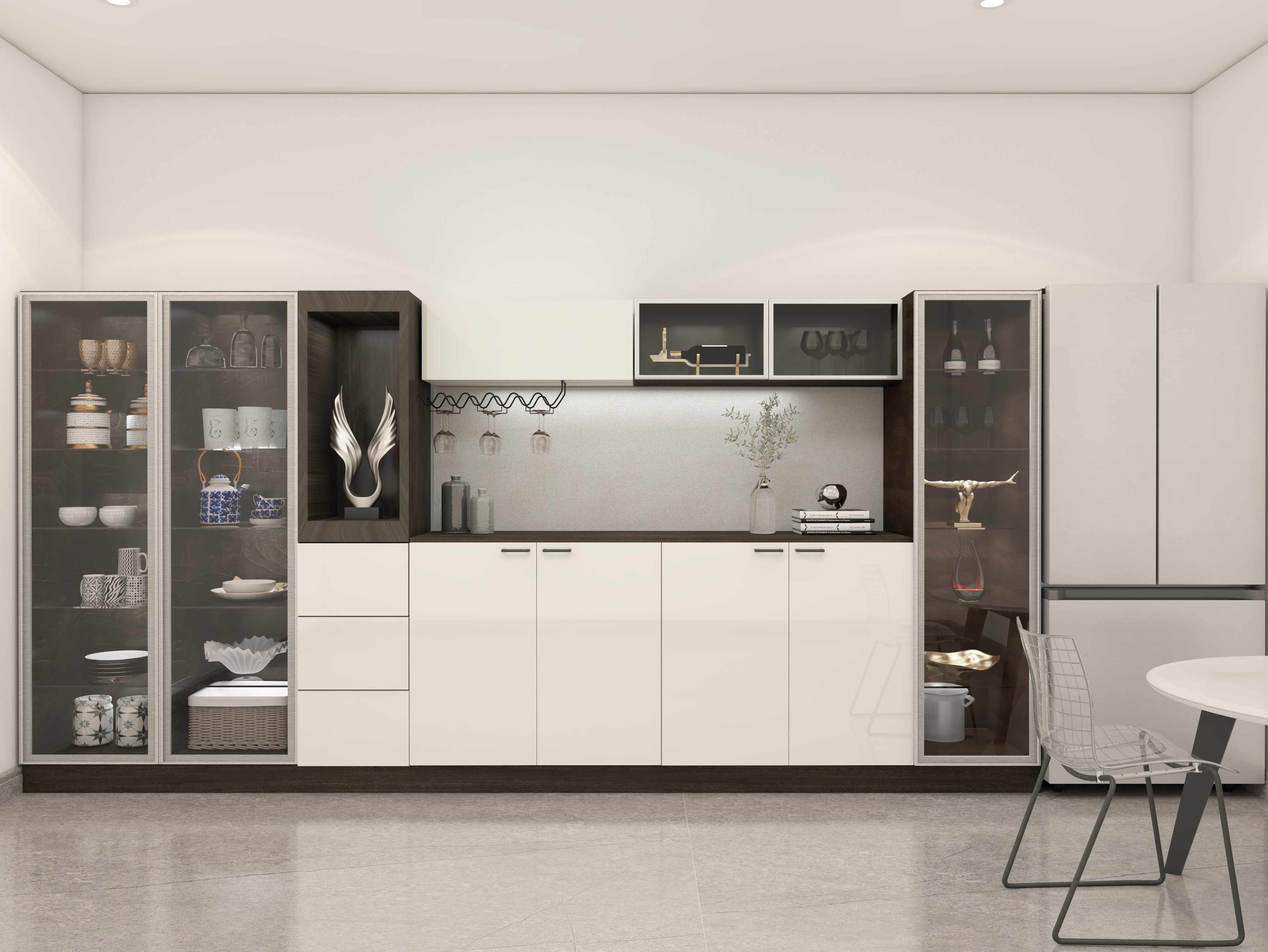 Modern crockery unit with white cabinets and glass storage - Beautiful Homes