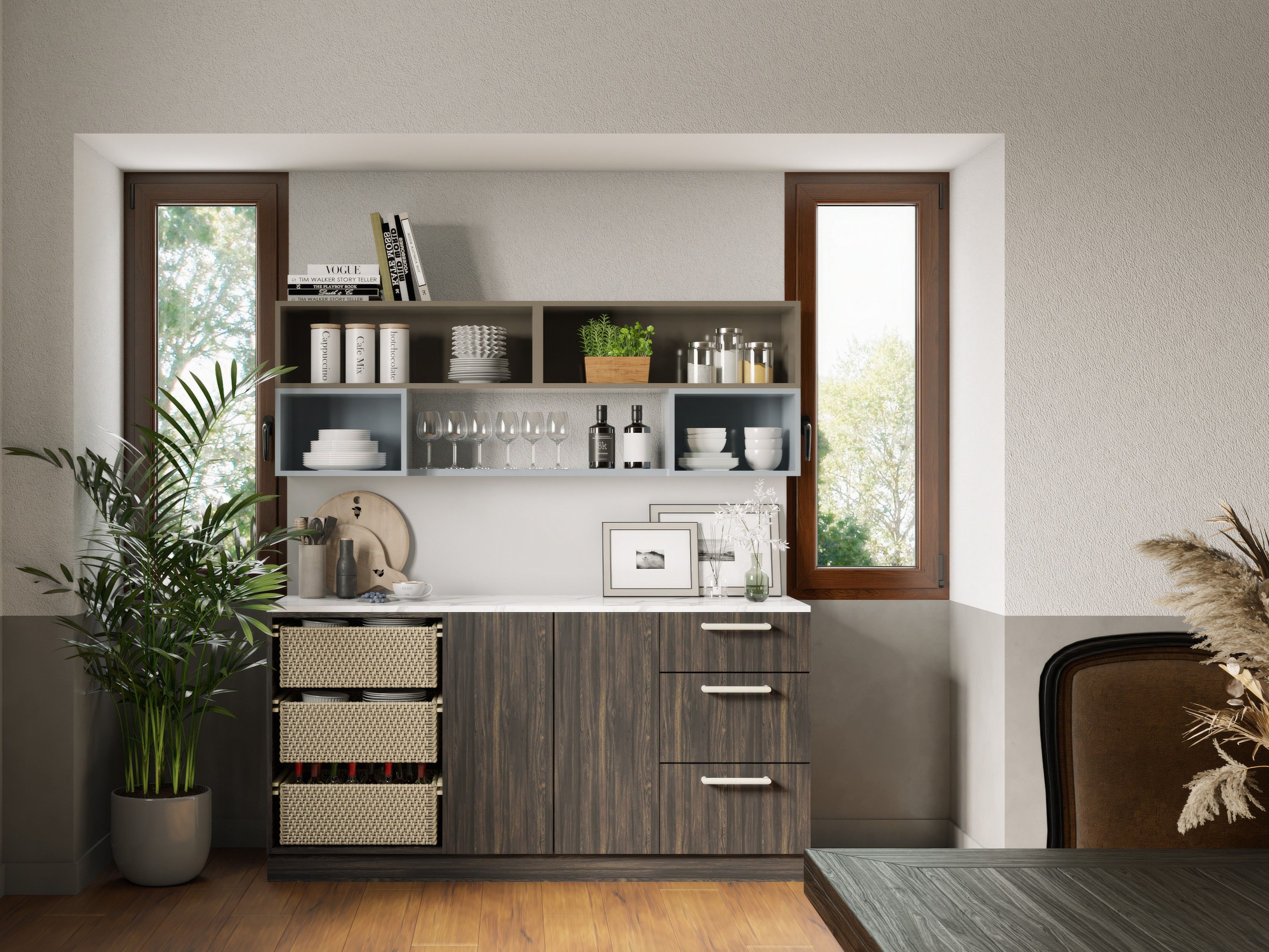 Modern crockery unit featuring open shelves, and a warm wooden design - Beautiful Homes
