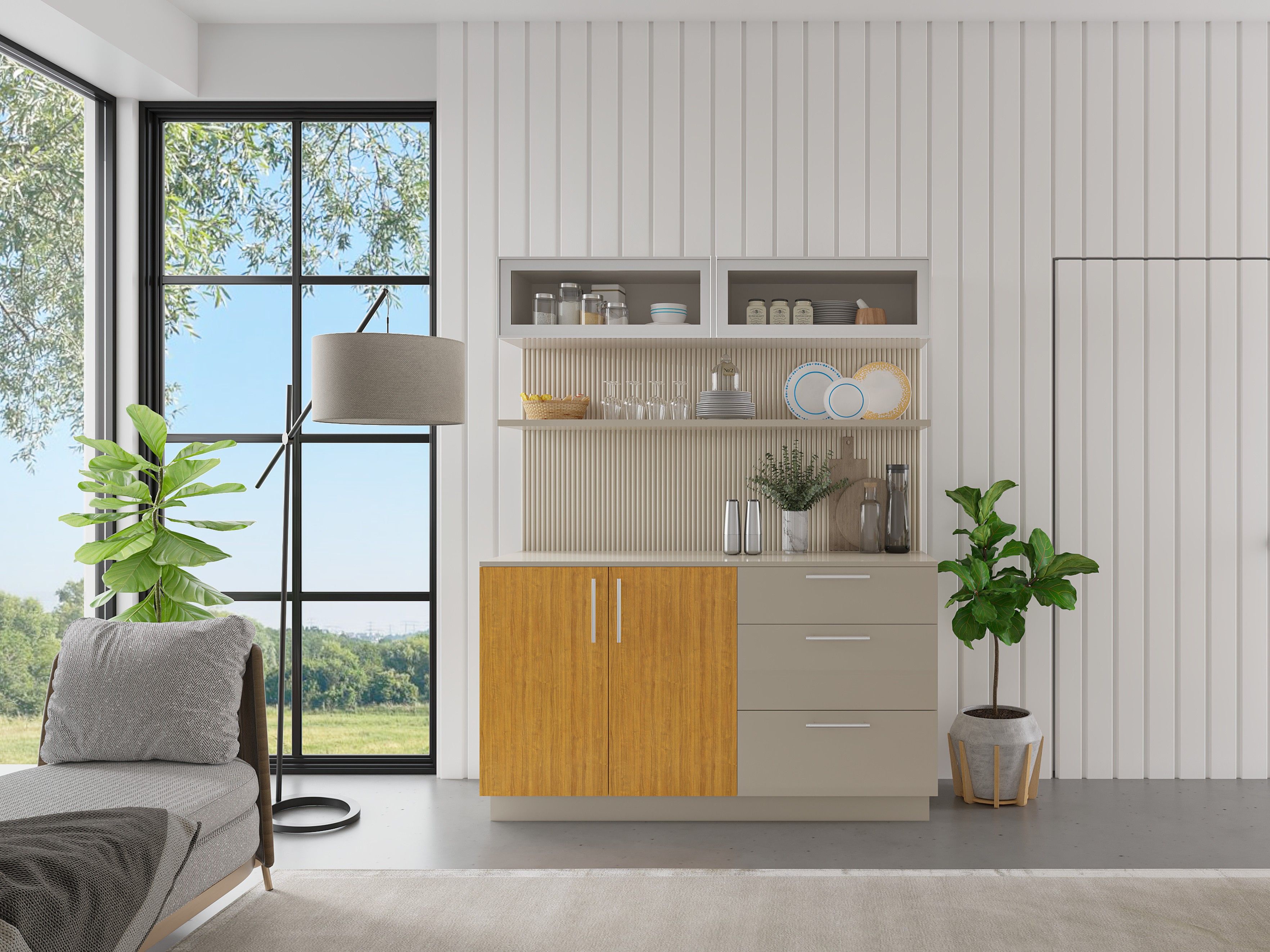 Contemporary crockery unit with wooden accents, open shelves, and herb jars - Beautiful Homes