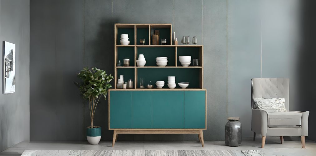 Modern teal crockery unit with open shelves-Beautiful Homes