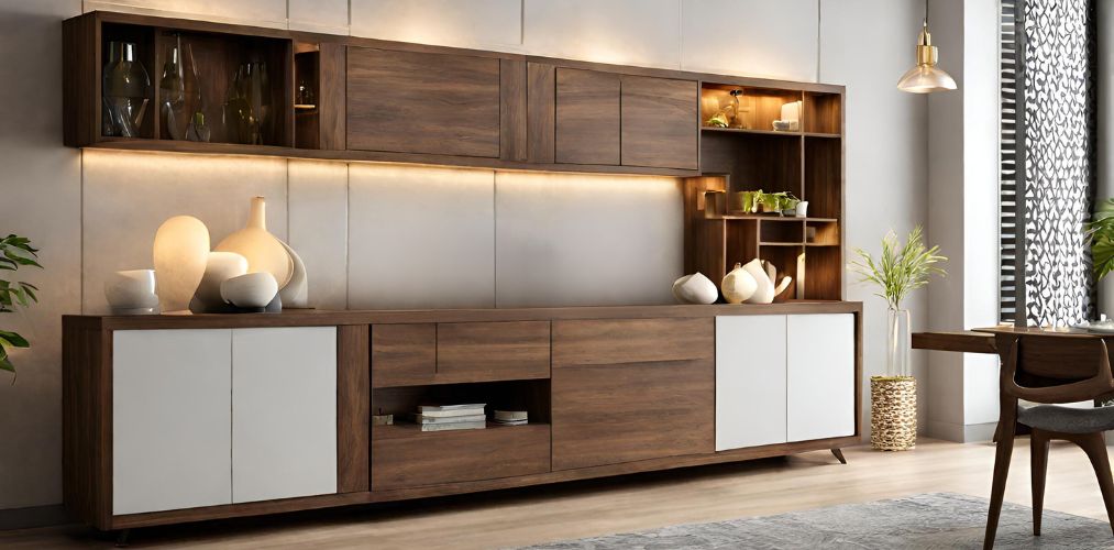 Modern wooden crockery unit with under cabinet lights - Beautiful Homes