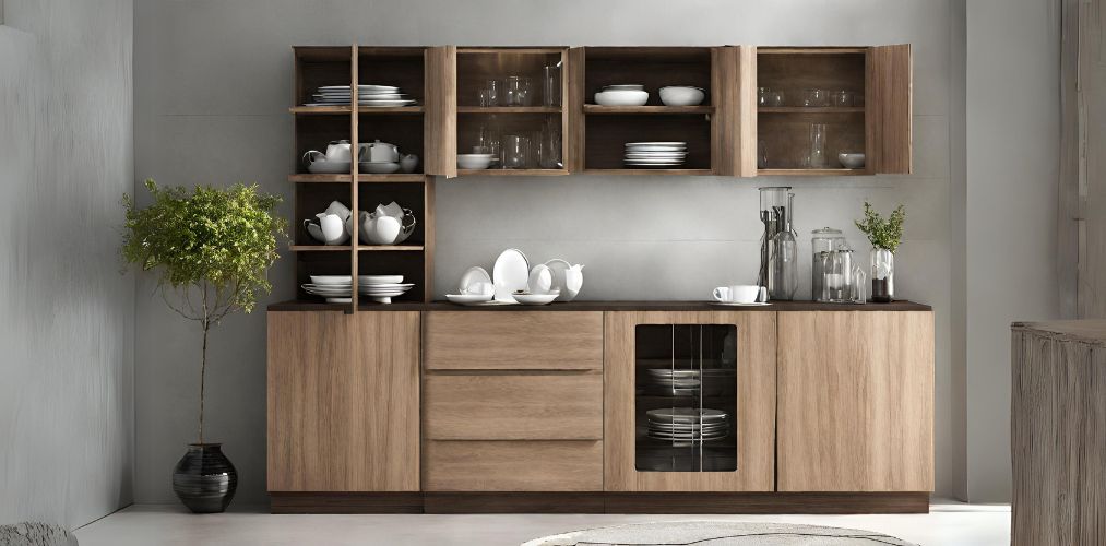 Modular wooden crockery unit with glass cabinets and drawers - Beautiful Homes