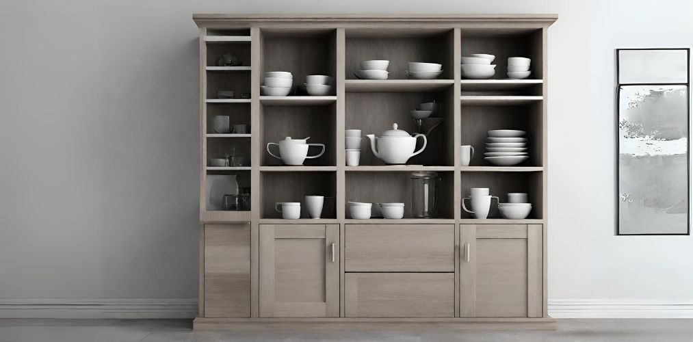 Open and closed crockery unit with light brown laminate-Beautiful Homes