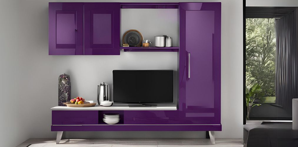 Purple crockery unit with TV unit in glossy laminate - Beautiful Homes