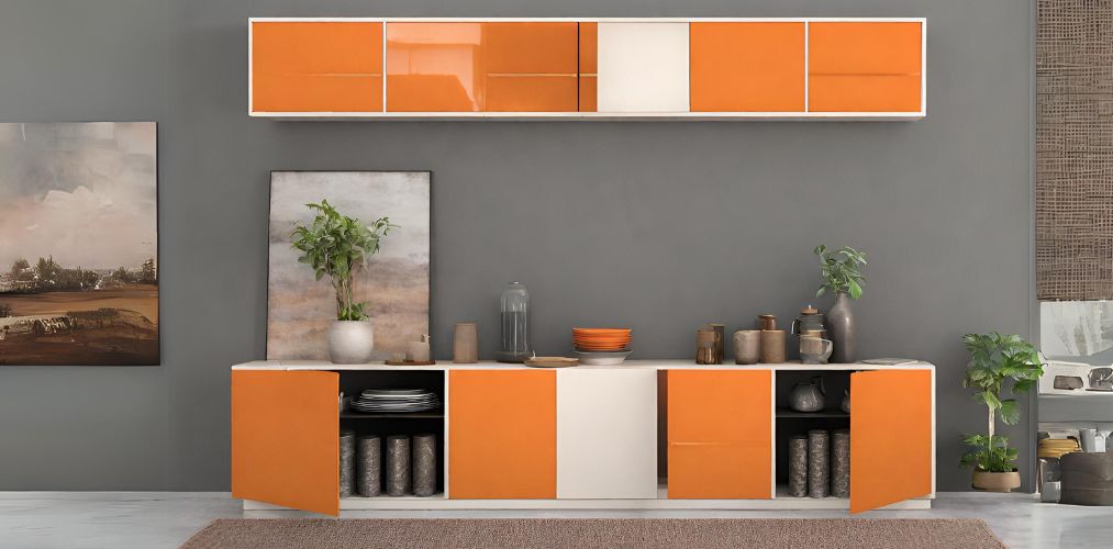 Sideboard style crockery unit in orange and white laminate - Beautiful Homes