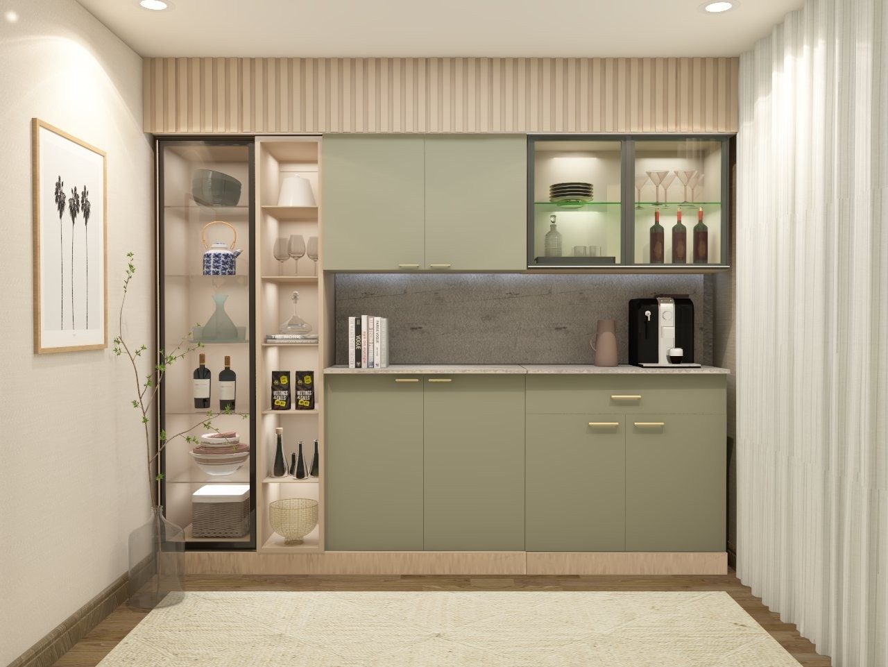 Sleek Asian Paints Form Fitted Crockery Unit in Green Laminate for Modern Dining Spaces - Beautiful Homes