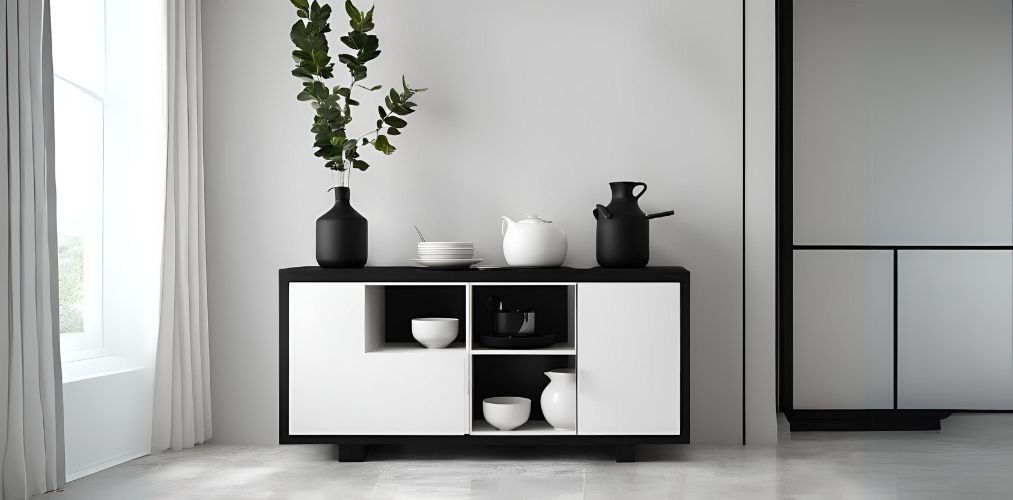 Small black and white crockery unit with open shelves - Beautiful Homes