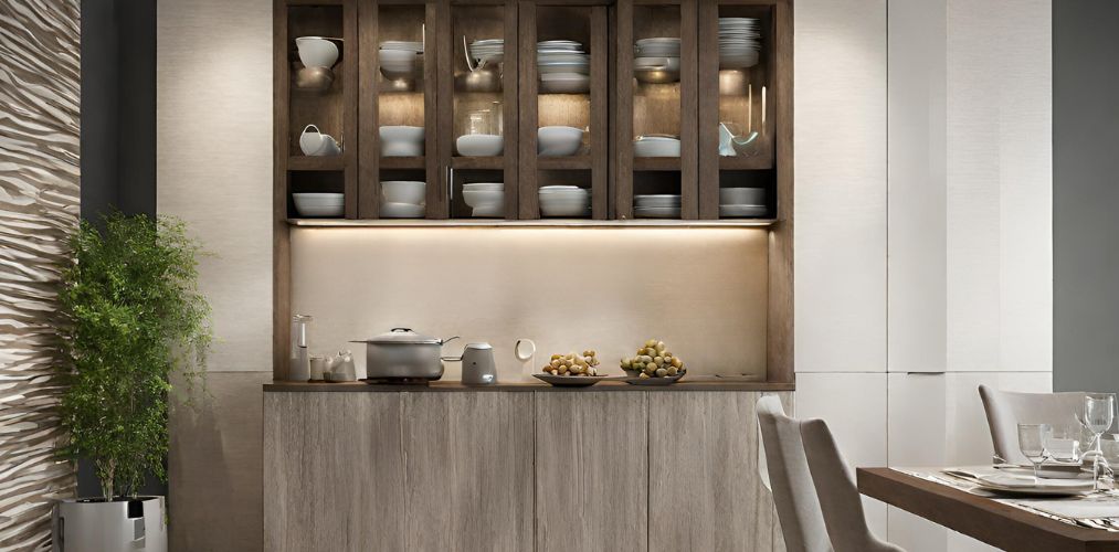 Small crockery unit with textured laminate in dining room - Beautiful Homes