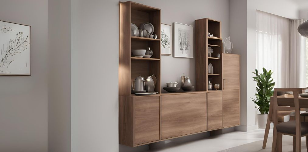 Wall-mounted wood crockery unit with closed and open storage - Beautiful Homes