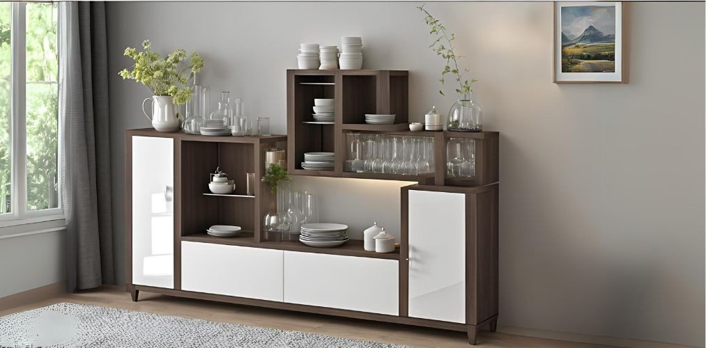 White and wooden crockery unit with designed open shelves - Beautiful Homes