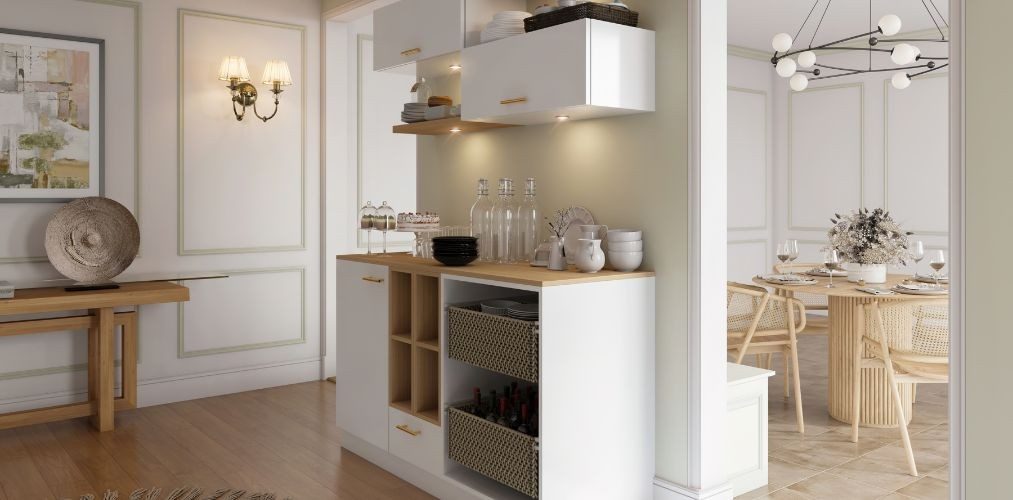 White crockery unit with wicker baskets-Beautiful Homes