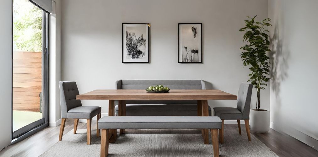 3 seater dining room with grey upholstered bench-Beautiful Homes