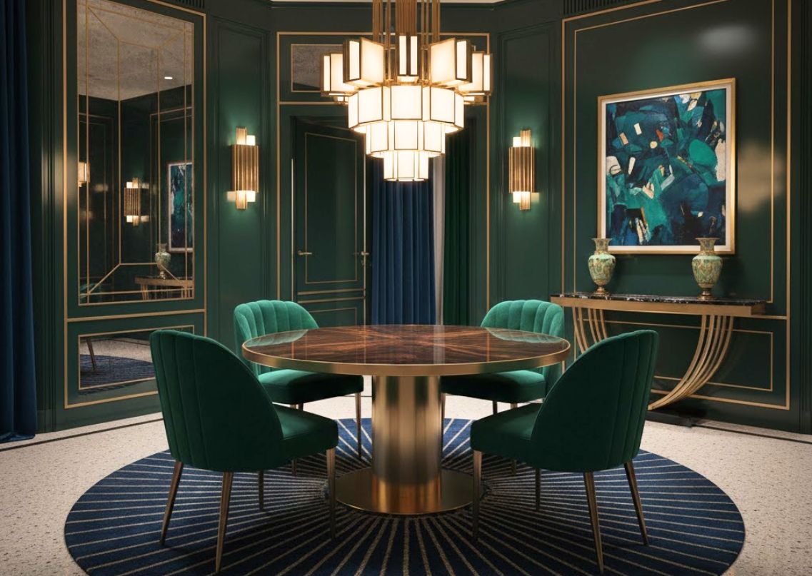 Stylish dining room with round table and green décor - Beautiful Homes