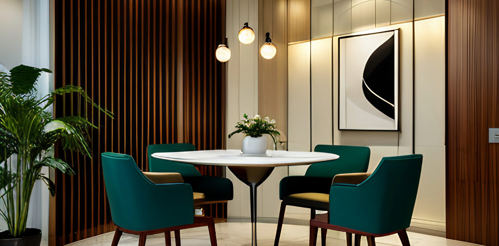 4-seater circular dining room with teal chairs-Beautiful Homes