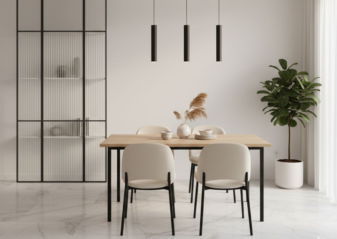Dining room with wooden table and white chairs - Beautiful Homes