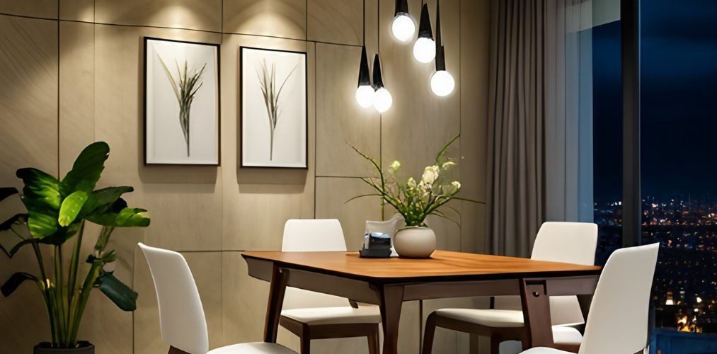 Wooden dining table with white chairs and hanging lights-Beautiful Homes