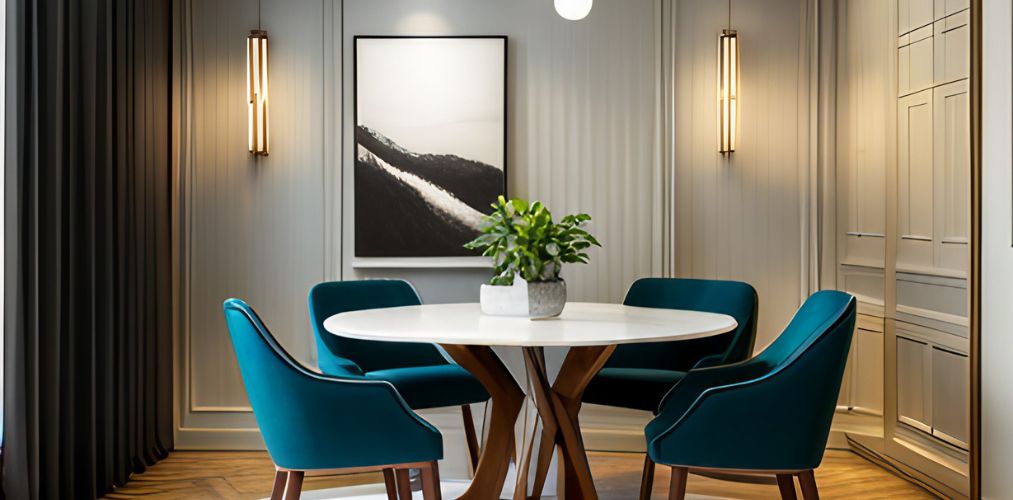White luxury dining table with turquoise chairs-Beautiful Homes