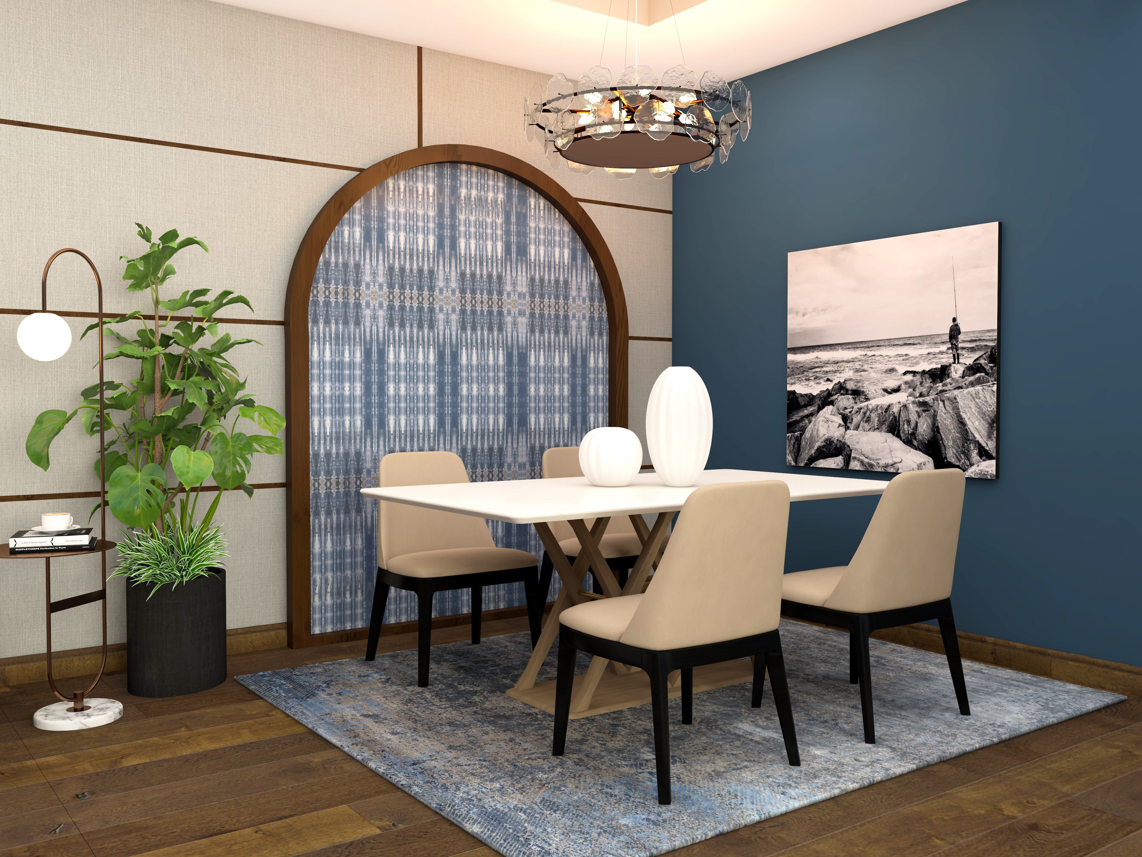 4-seater marble dining table with blue arched wall paneling-Beautiful Homes