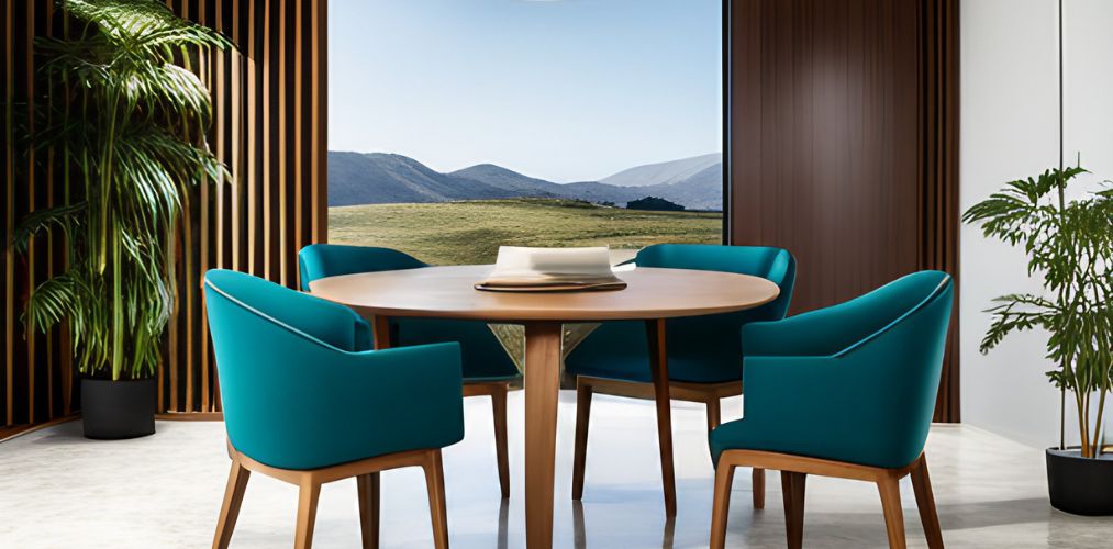 4-seater wooden round dining table with teal blue dining chairs-Beautiful Homes