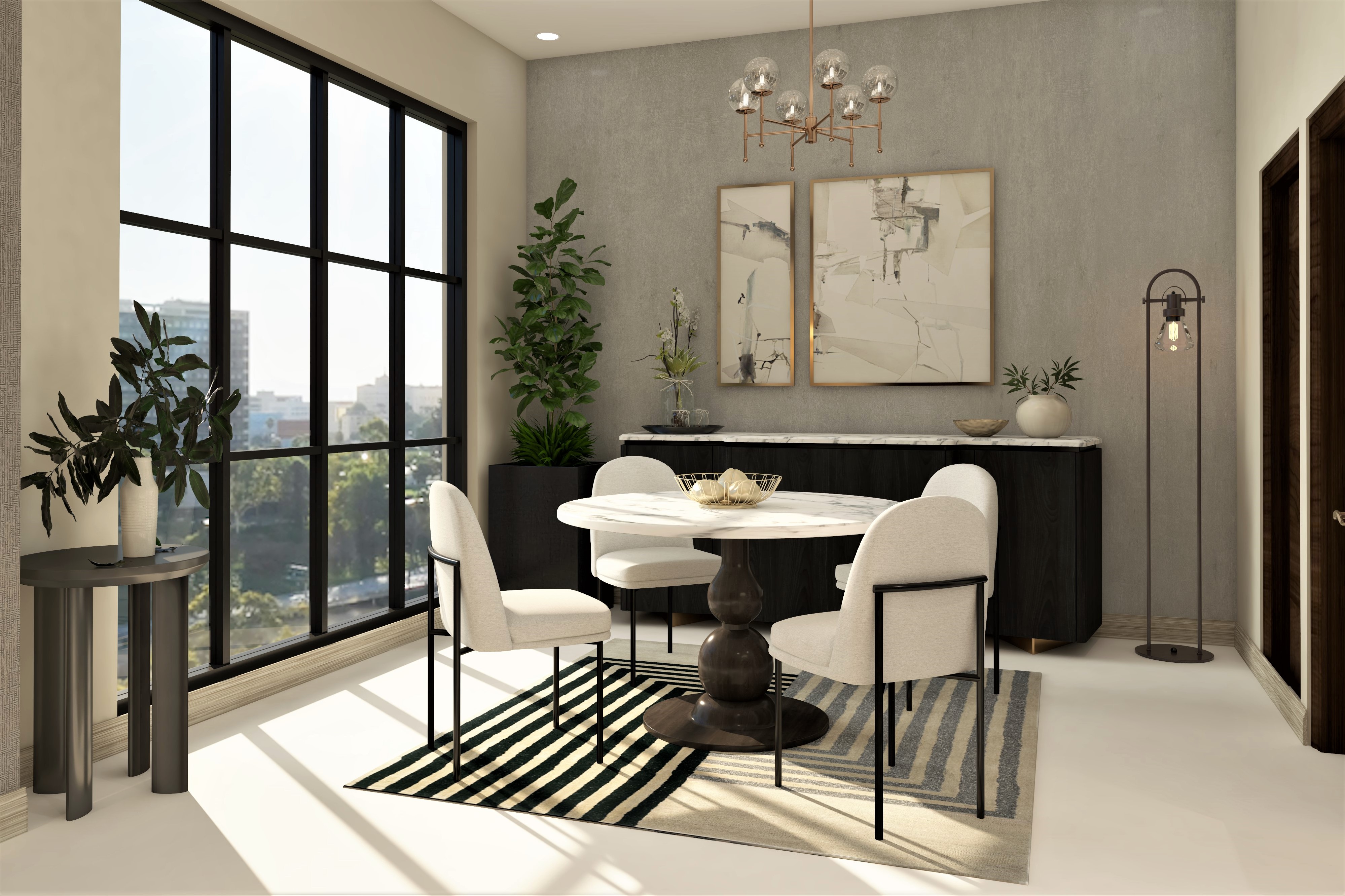 Dining room with marble dining table and white chairs-Beautiful Homes