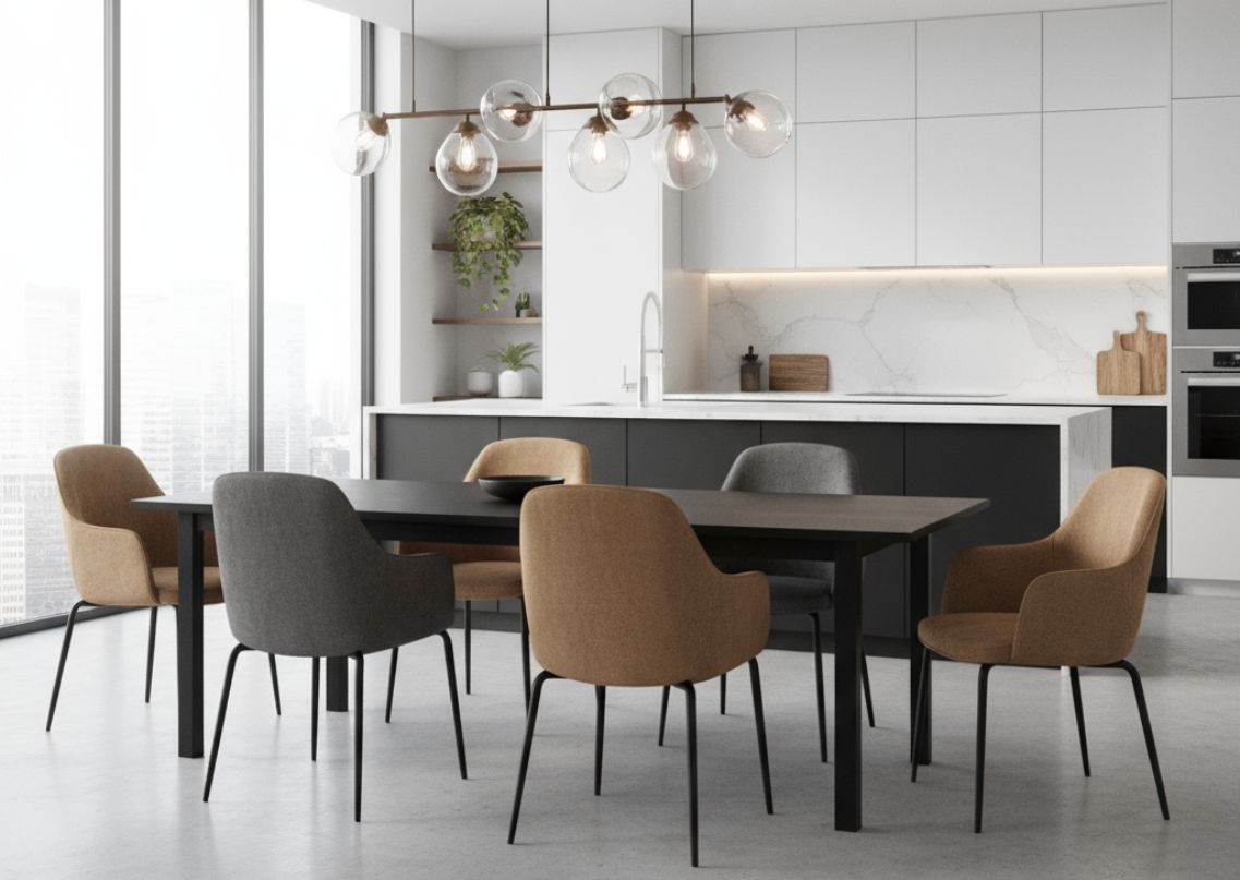 Minimalist dining room with wooden table and chairs - Beautiful Homes