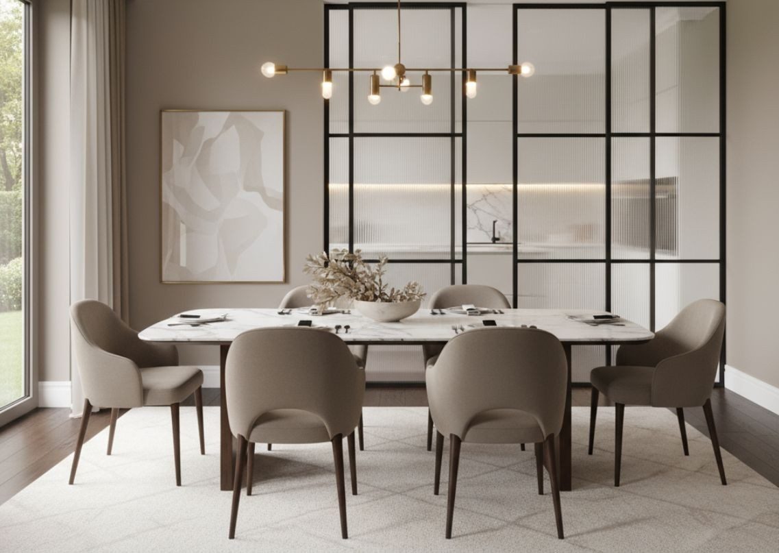 Dining room with marble table and beige chairs - Beautiful Homes