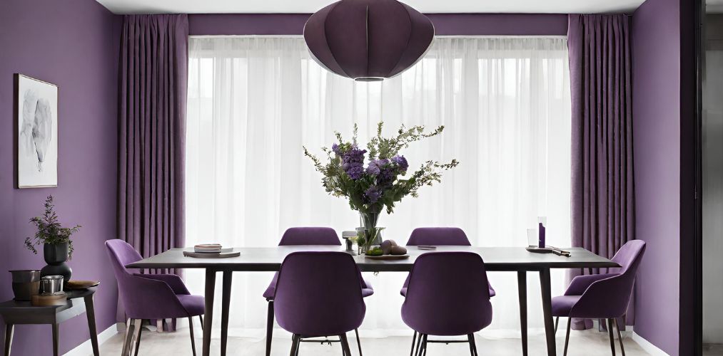 6-seater dining room with purple upholstered dining chairs - Beautiful Homes