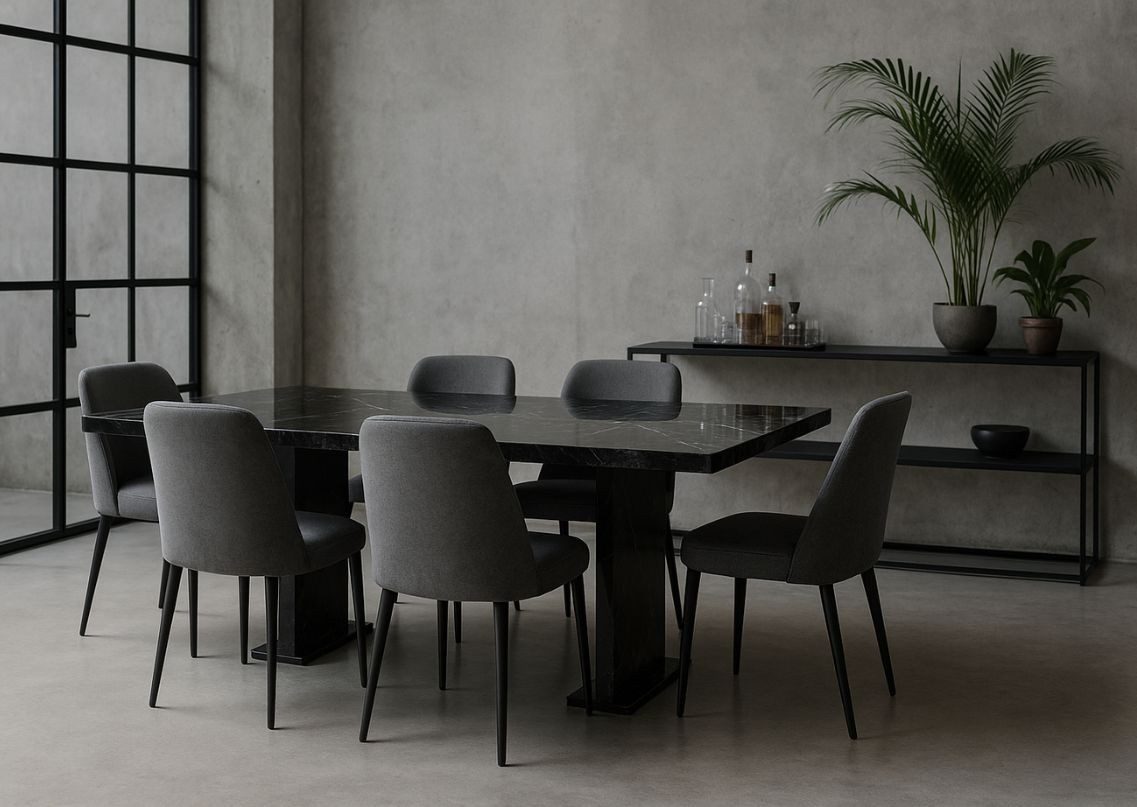 Modern dining room with grey chairs and marble table - Beautiful Homes