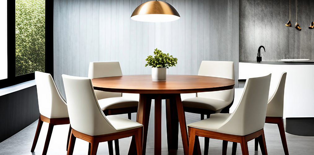 Round wooden 6-seater dining table with modern white chairs-Beautiful Homes