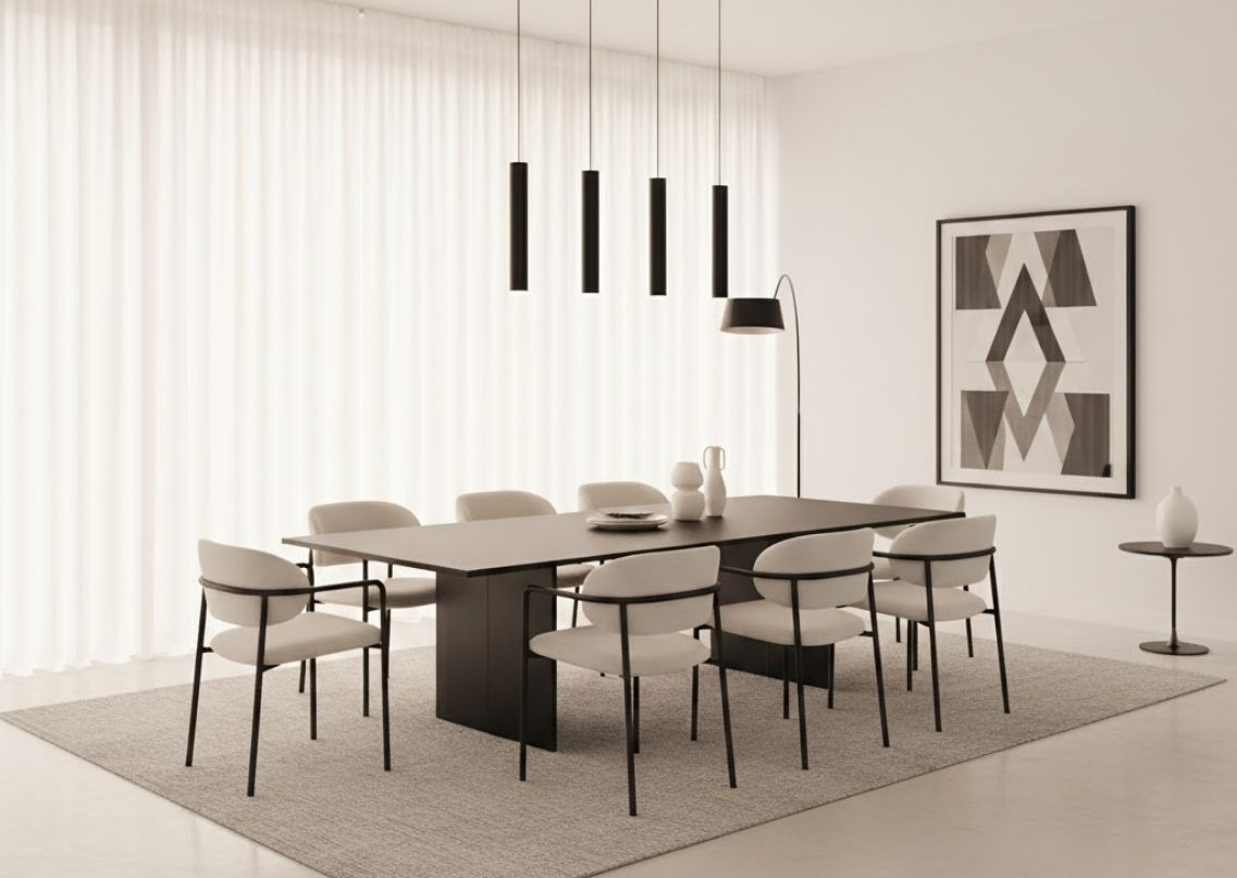 Elegant dining room with abstract art and white chairs - Beautiful Homes