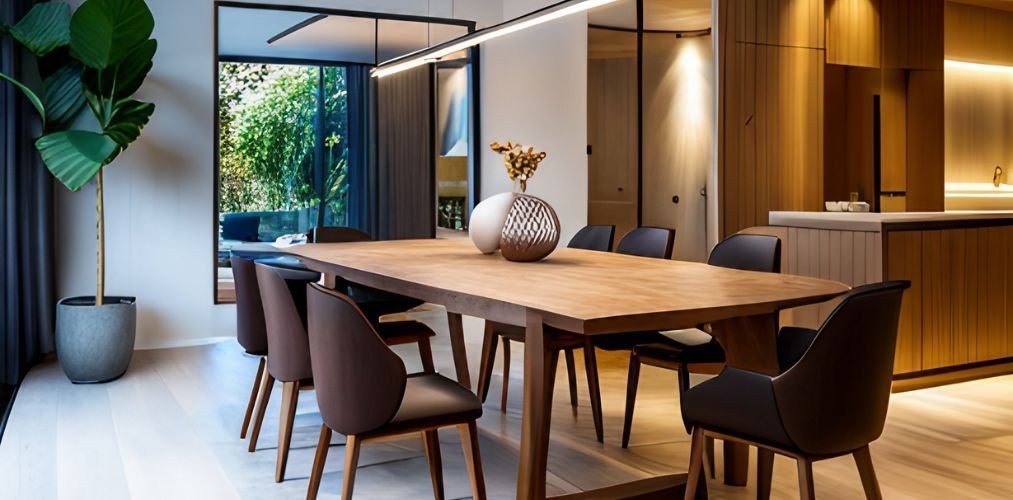 8-seater teak wood dining table with dark brown chairs-Beautiful Homes