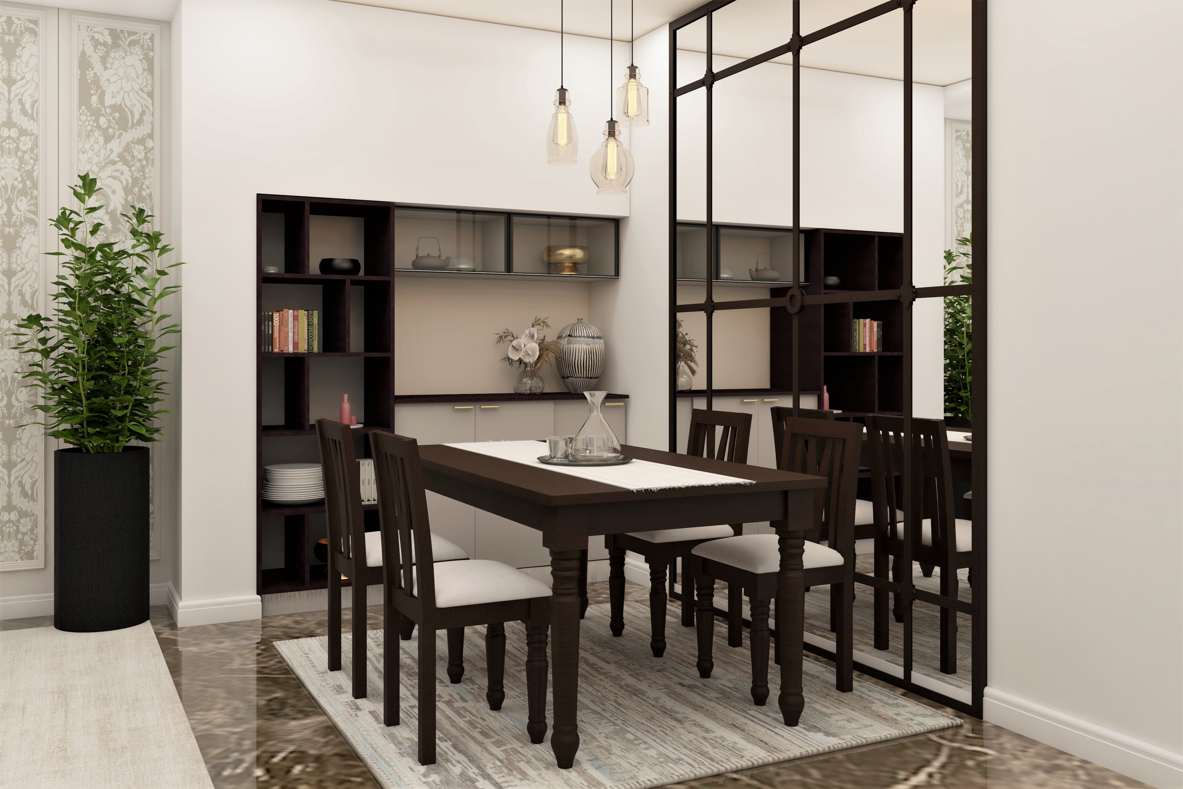 Dining room with wooden dining table set and pendant lights-Beautiful Homes