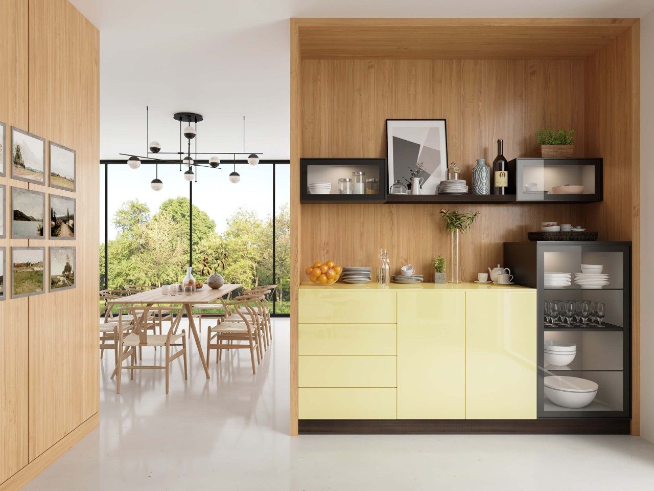 Large wooden dining room inteiror design with a small crockery unit - Beautiful Homes