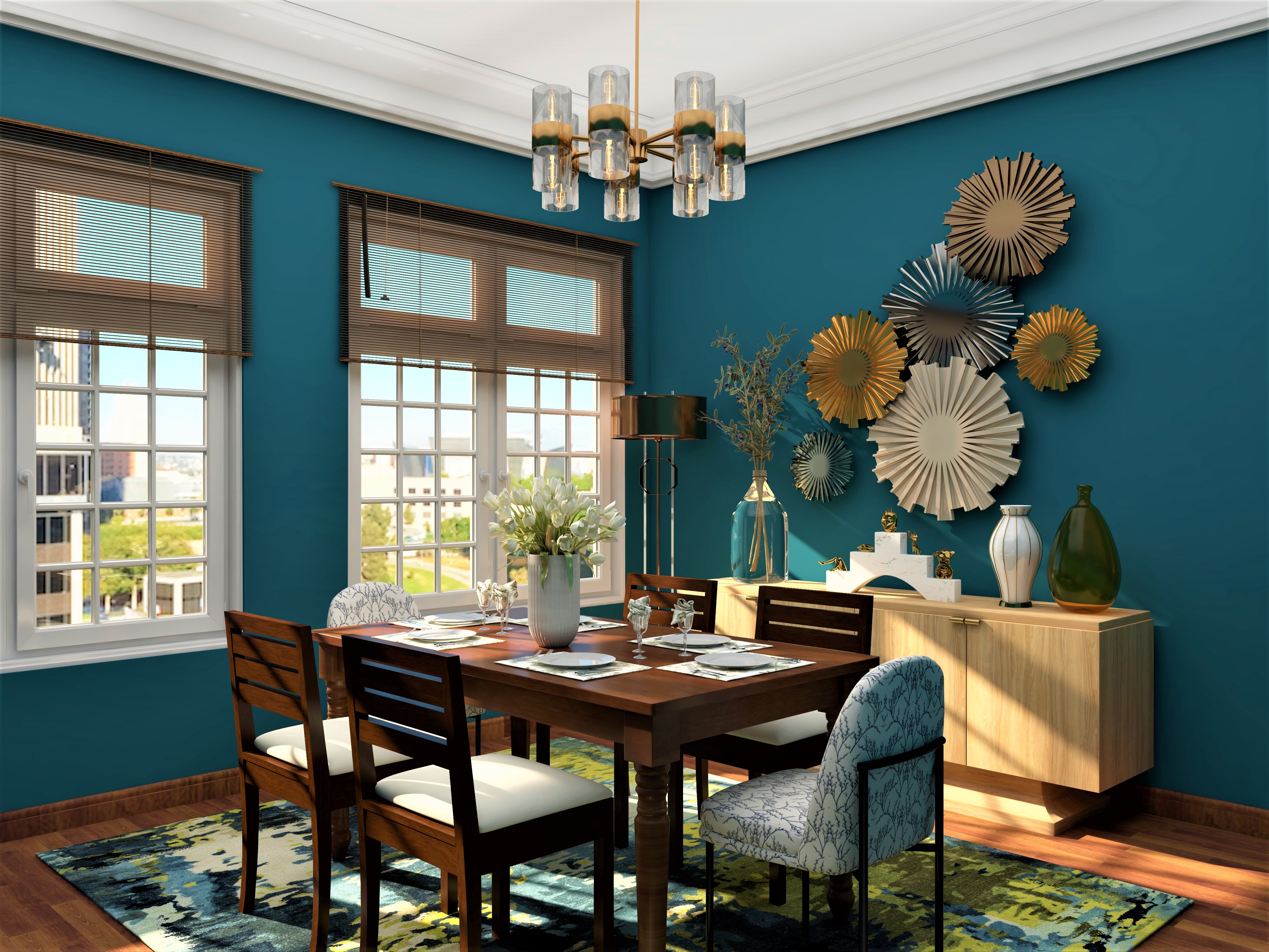 Dining room design with wooden dining table and blue walls-Beautiful Homes