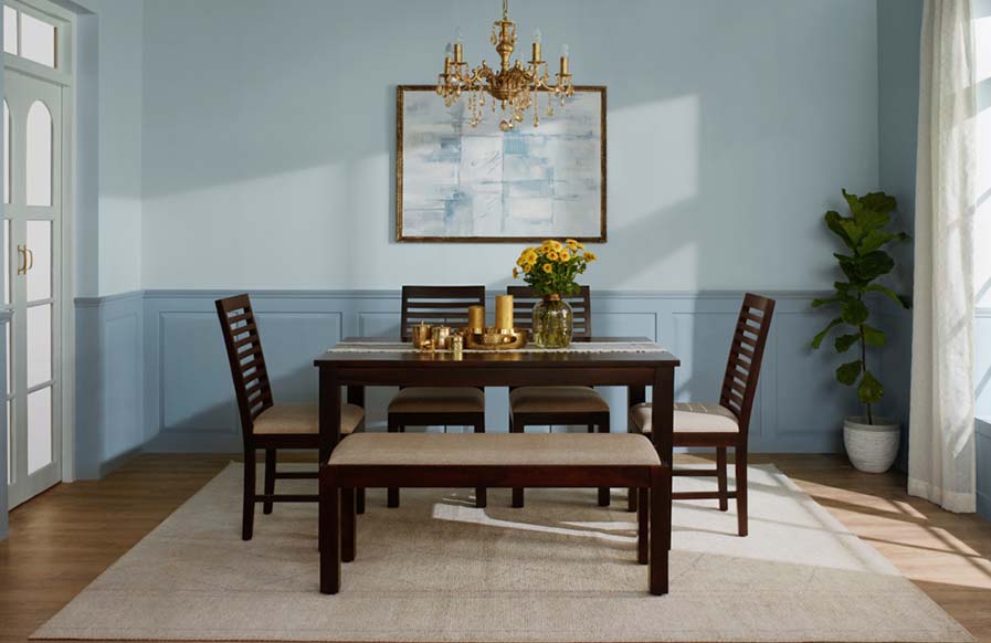 Sky blue dining room design with minimalistic dining table set & gold decor - Beautiful Homes