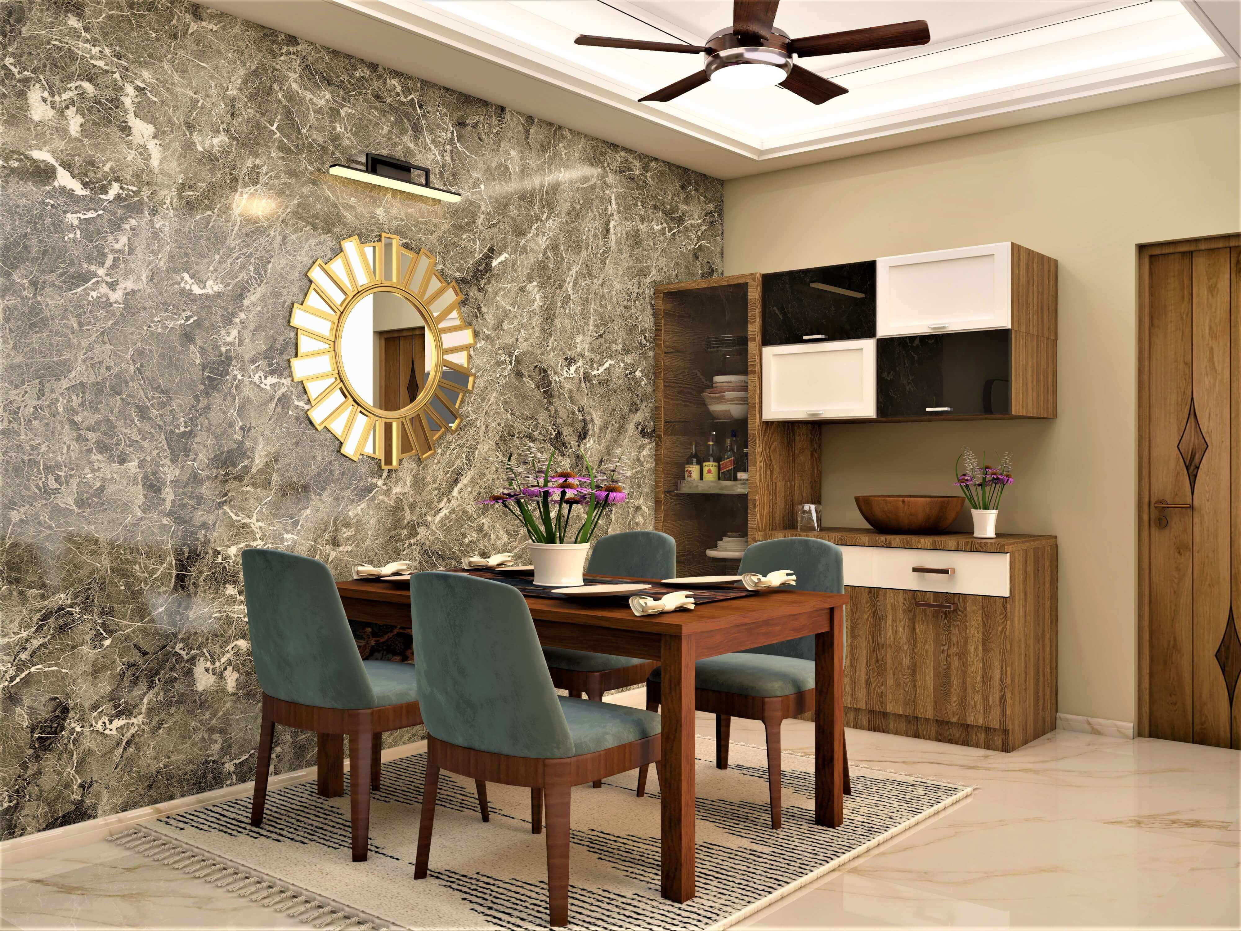 An apartment dining room design with tiled walls & a crockery unit - Beautiful Homes