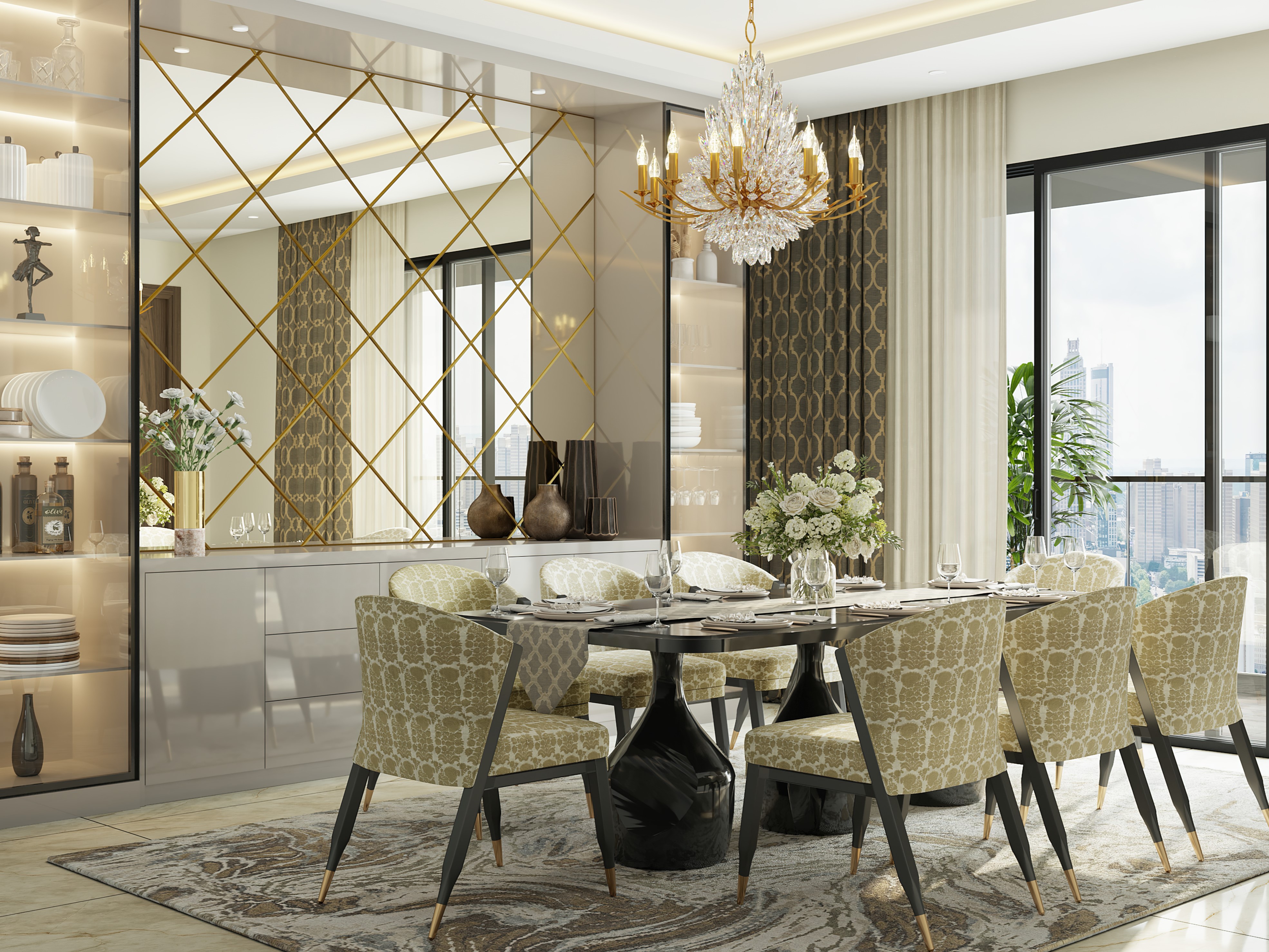 Elegant dining room with glass table and chandelier - Beautiful Homes