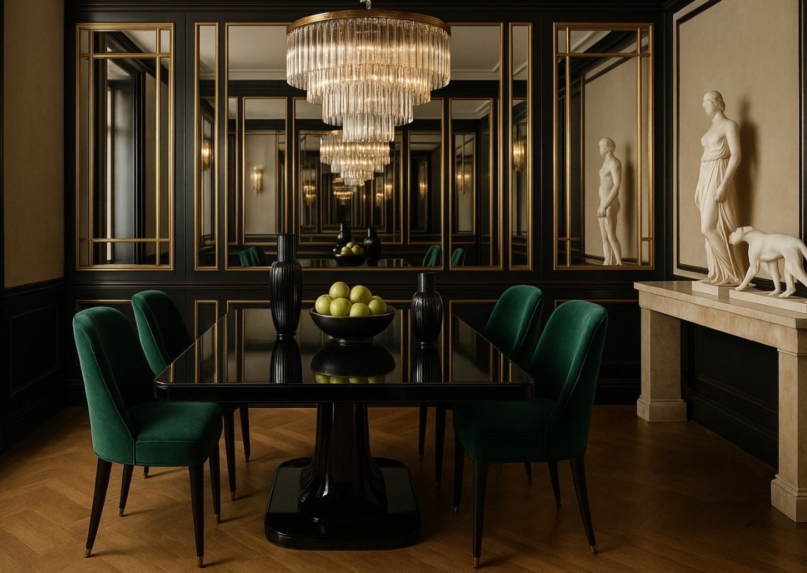 Black dining table with green chairs and chandelier lighting - Beautiful Homes