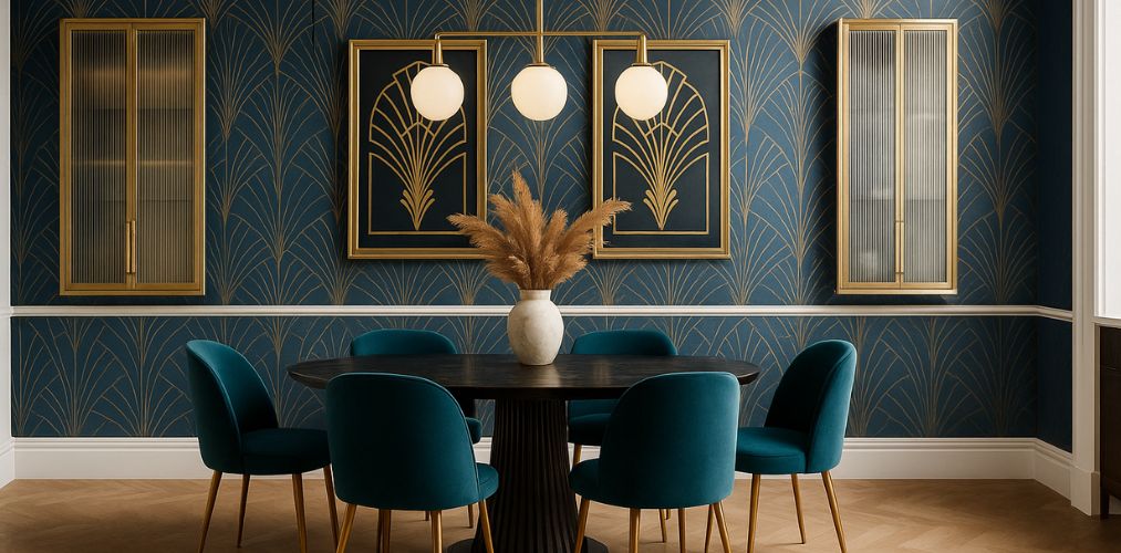 Modern dining room with teal chairs and wooden table - Beautiful Homes